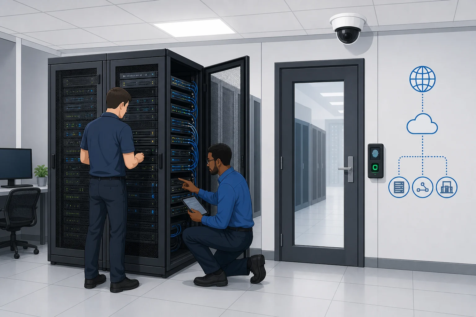 Ảnh kỹ thuật viên kiểm tra máy chủ colocation trong phòng data center đạt chuẩn