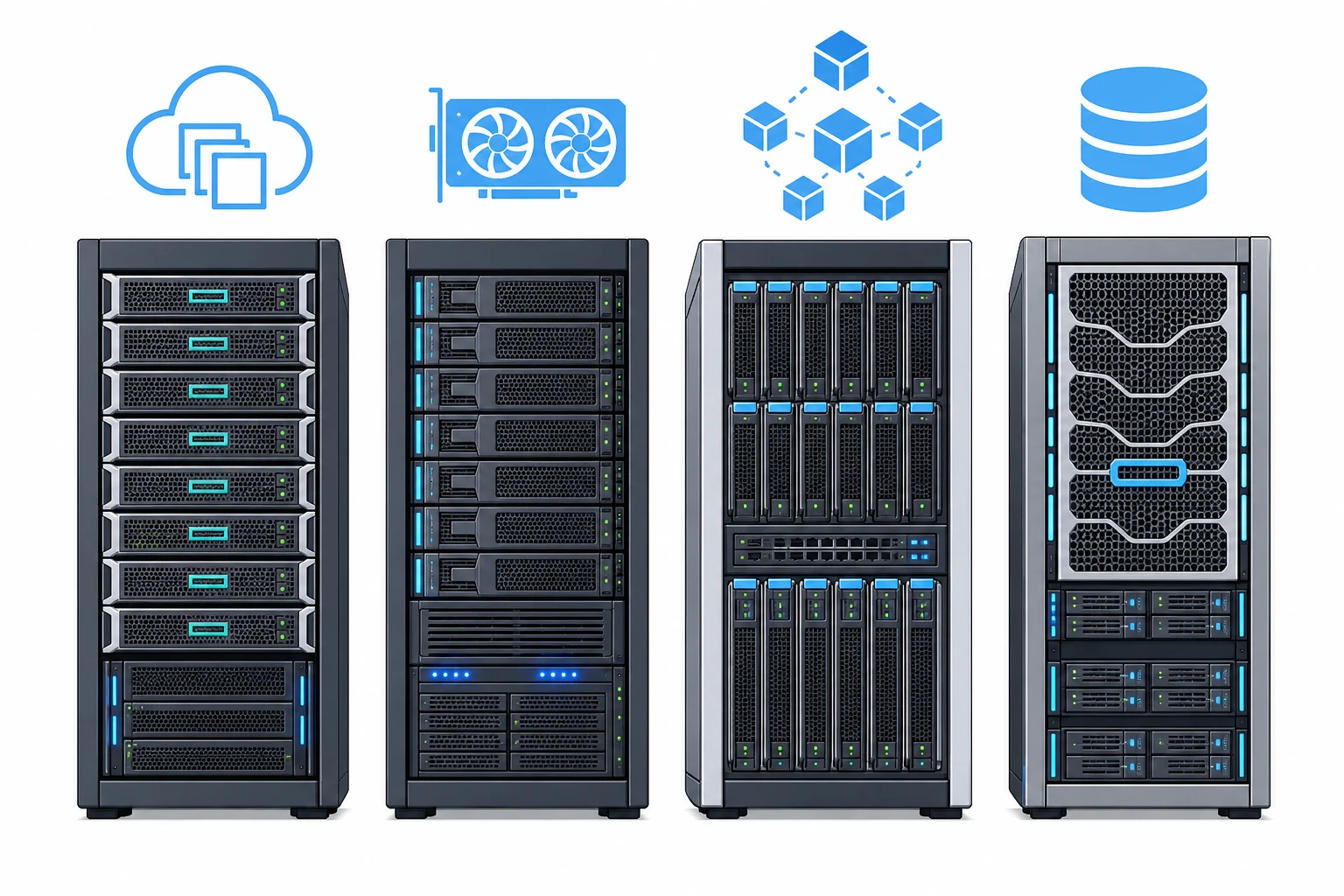 Minh họa bốn dòng máy chủ HPE năm 2026, gồm ProLiant, Apollo, Synergy và Alletra