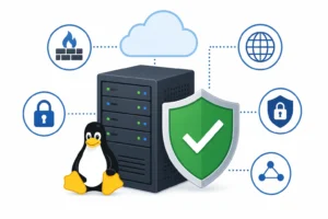 linux server bảo mật với biểu tượng khiên xanh lá năm 2026