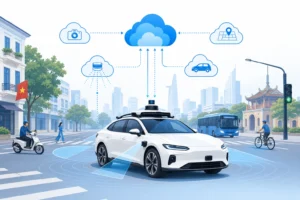 Minh họa robotaxi tự lái hoạt động trên đường phố Việt Nam với icon cảm biến AI