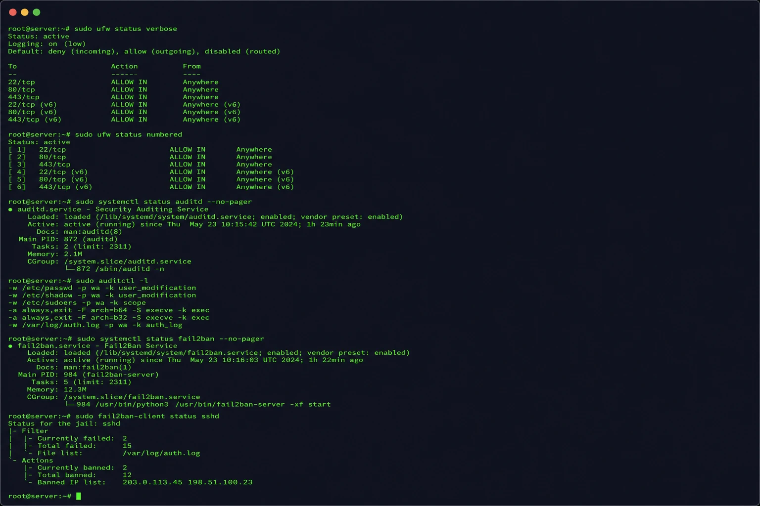 Màn hình terminal demo các lệnh linux server bảo mật cơ bản